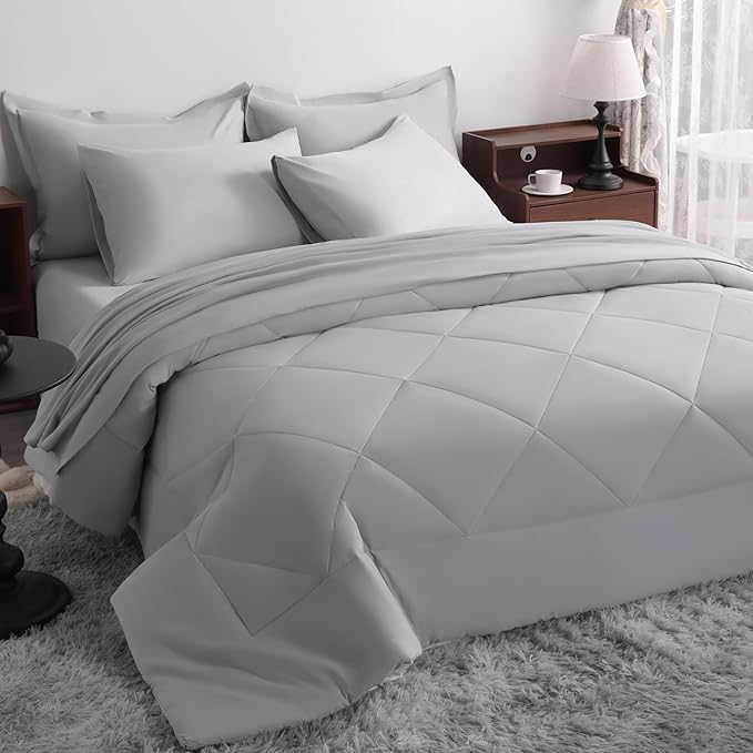 NTBAY Queen Comforter Set with Sheets, 7 Pieces Soft and Breathable Queen Bedding Set, Bed in a Bag, Down Alternative Comforter Set Solid Color All Season, Queen Bedding Set, Light Grey