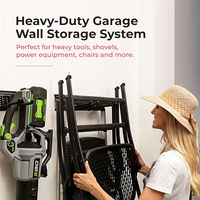 Heavy-Duty Garage Wall Storage System | Wall Mounted Tool Organizer Rack with Shelving | 12-Piece Mounting Kit | 6x10” Double-Layered Hooks & 2x24” Floating Utility Shelves