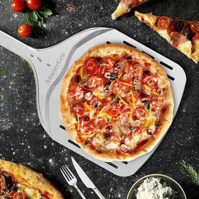 12" Perforated Pizza Peel, Long Handle(31") Anodised Aluminum Pizza Spatula Paddle, Pizza Oven Accessories for Pizza Stone/Grill
