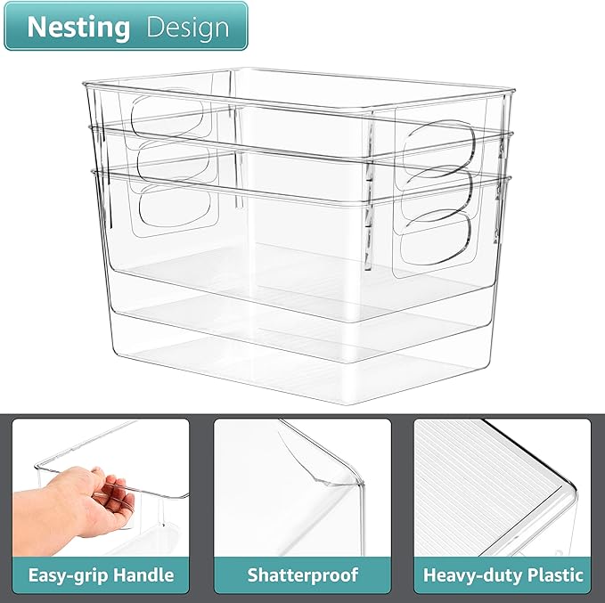 Sorbus 4 Pack Large Clear Plastic Storage Bins, Clear Organizer Bins with Handle for Kitchen, Pantry, Cabinet, Refrigerator, Craft, Toys, Clothes, Closet, Under Sink, Bathroom Organizers and Storage
