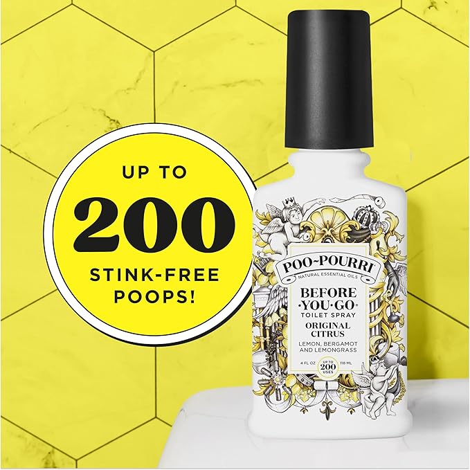 Poo-Pourri Before-You-Go Toilet Spray, Original Citrus, 4 Fl Oz, Up to 200 Uses, Bathroom Odor Deodorizer, Plant-Based with Essential Oils, for Home or Work, Lemon, Bergamot and Lemongrass Scent