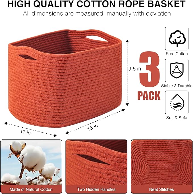 Storage Baskets for Organizing, Storage Basket for Shelves, Toy Towel Basket for Bathroom Nursery, Woven Cotton Rope Baskets for Decor, 15"x11"x9.5", 3 Packs, Brick Red
