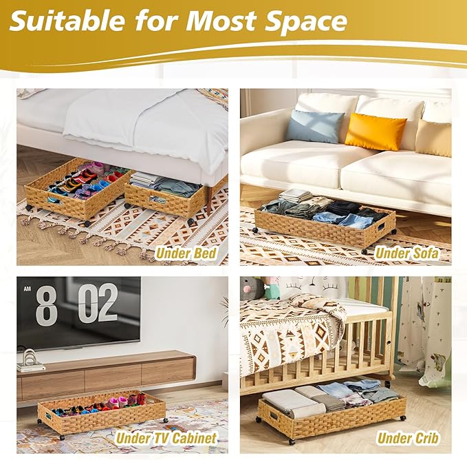 Under Bed Storage Containers with Wheels, 2 Pack 31.5in / 35L Handmade Rattan Underbed Organizer Drawer, Tool-free Assembly Rolling Under Bed Storage Bins for Shoes Clothes Toy Book