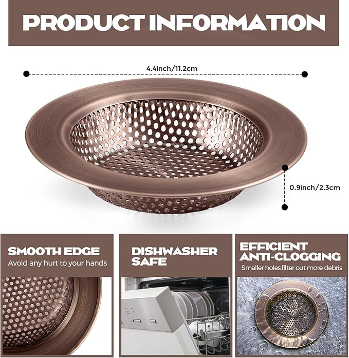 Retisee 2 Pcs Sink Strainer Stainless Steel Kitchen Sink Drain Strainer Basket Cover Mesh Hair Food Catcher, Large Wide Rim of 4.4 Diameter(Red Bronze)