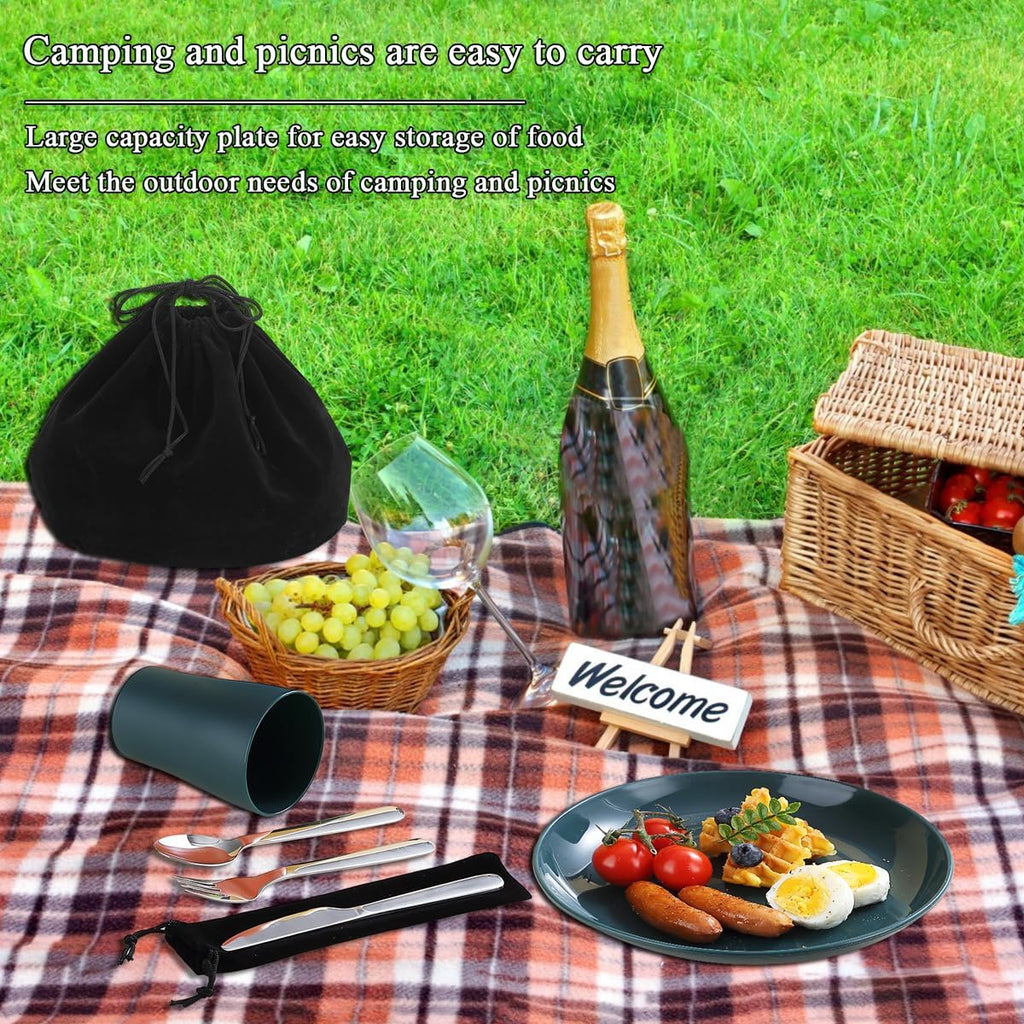 Evanda Camping Cutlery Set, Reusable Light Weight Mug, Plate and Stainless Steel Cutlery Set with Black Bag, Dishwasher Safe