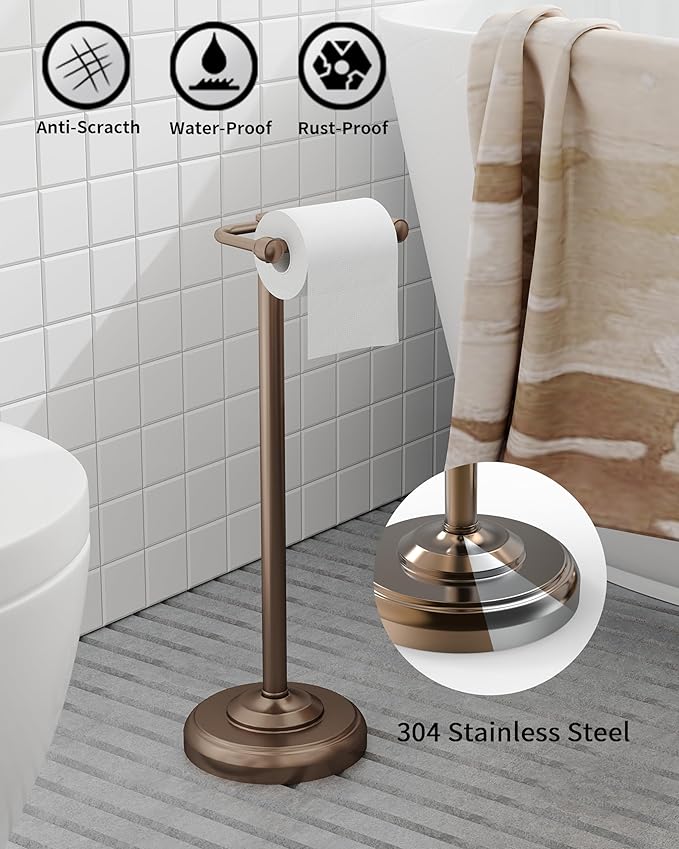 Toilet Paper Holder Stand, Bronze Toilet Paper Holder Free Standing, Post Pivoting Design & Stable Weighted Base SUS304 Stainless Steel for Bathroom (Mega Roll)