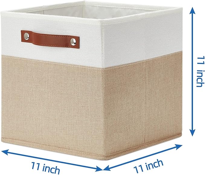 Temary Fabric Storage Cubes Bins, 11 inch Cube Storage Baskets, Foldable Cube Bins Set with Handles, Decorative Storage Boxes for Home Organizing (White & Khaki, 11 x 11 x 11)