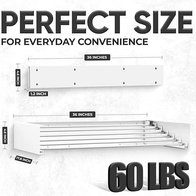 Wall Mounted Laundry Drying Rack, Retractable Clothes Drying Rack, 6 Rods Towel Drying Rack with Wall Template for Installation, Magnetic Dryer Ball Holder with Dryer Balls, White