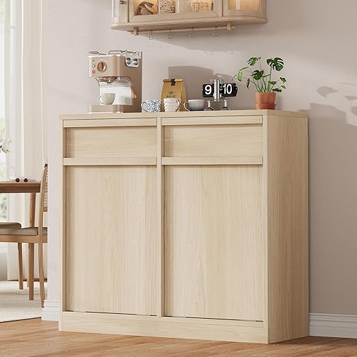 Double Tilt Out Trash Cabinet, Natural Wood Hidden Garbage Can Cabinet for 2 x 10 Gallon Bins, Modern Pet-Proof Trash Cabinets for Kitchen, Dining, Living Room Storage
