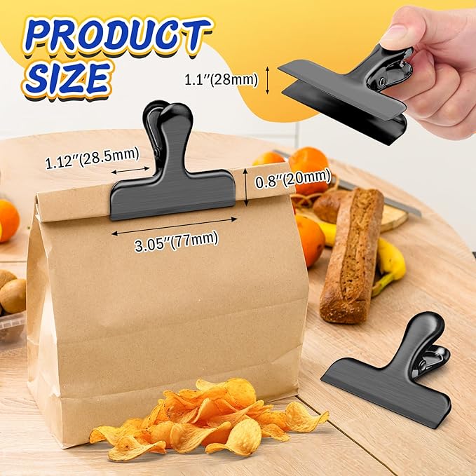 VNDUEEY 12 Pack Stainless Steel Chip Clips, Bag Clips for Food, Heavy Duty Chip Clip for Kitchen and Office to Seal Coffee Bags, Paper Sheets, Metal Clip Air Tight Seal-3 Inches, Black