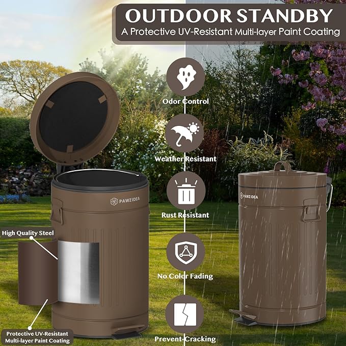 PAWZIDEA Dog Poop Trash Can Outside Odor Control, 3.1Gallon Pet Waste Trash Can Outdoor Waterproof, Dog Poop Container Bin Outdoor Garbage Can with Lid, 7.8in Activated Carbon Filter Pet Waste Station