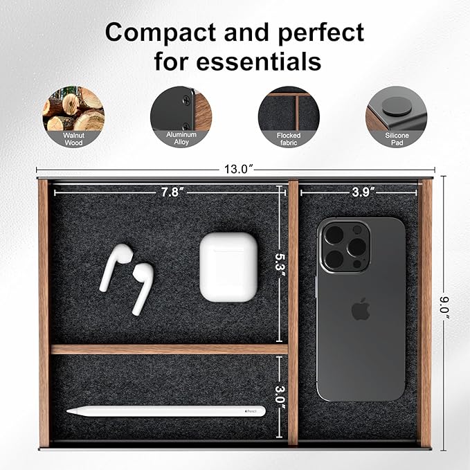 UPERGO Desk Drawer Organizer Tray, Mens Valet Made of Aluminum and Walnut, Aesthetic Desk Accessories for Office Home Supplies
