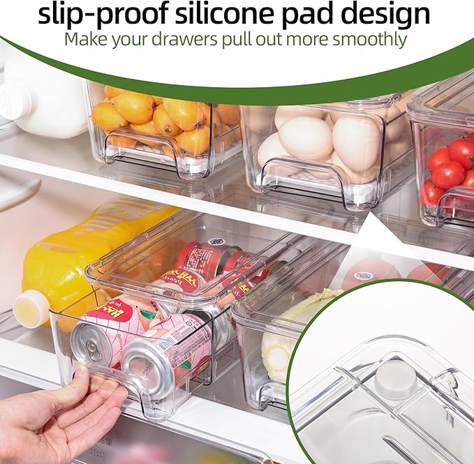 4 Pack Fridge Organizer Drawers, Stackable Pantry Organizers and Storage, Clear Pull-Out Refrigerator Organizer for Fruit, Vegetable Storage and Keep Fresh