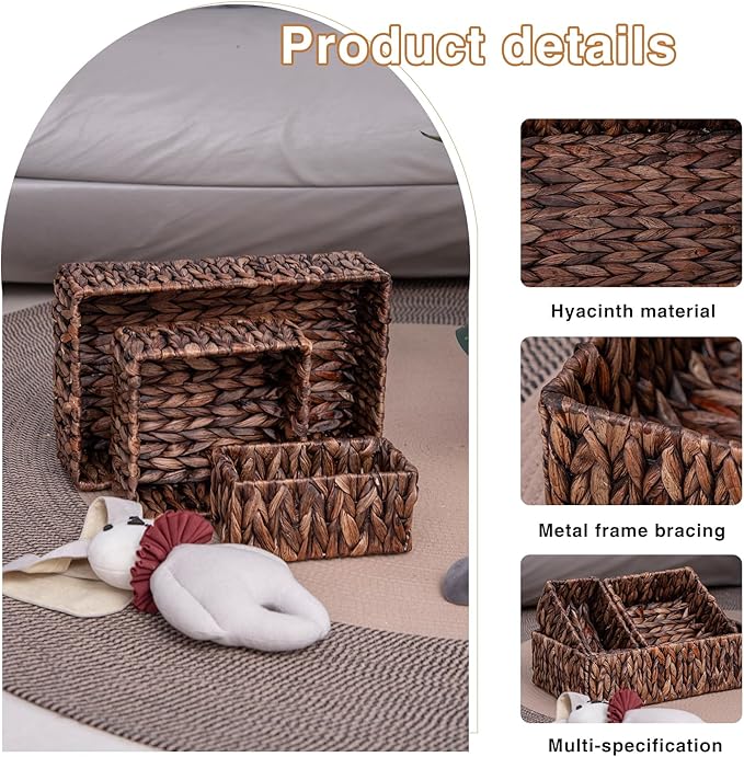 Handwoven Wicker Storage Baskets Set, Natural water hyacinth & Iron Frame | Triple Sizes (Small, Medium, Large) for Home Organizing, Bathroom, Shelves | Woven Baskets for Storage & Decor (Dark Brown)