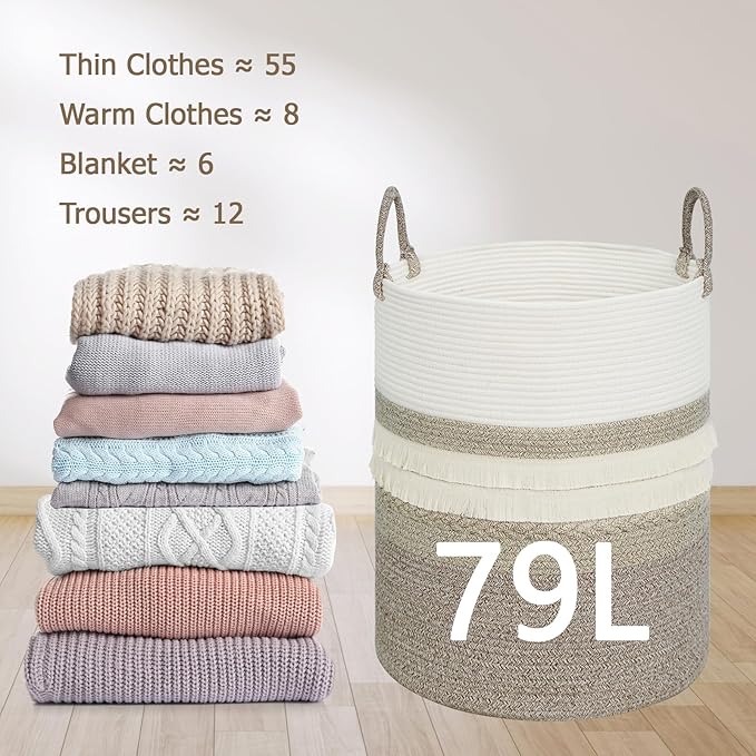 danpinera 79 L Large Laundry Basket, Tall Woven Cotton Storage Hamper with Handles, Dirty Clothes Hamper in Bathroom, Decorative Storage Basket for Living Room Gradient Brown