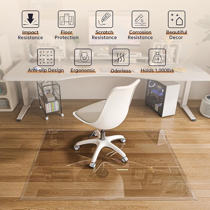 [Tempered Glass] 48“ x 36” Beveled Edge Glass Chair Mat with Polished Edge Clear Office Chair Mat, Glides Smoothly, Suitable for Carpet or Hardwood Floors