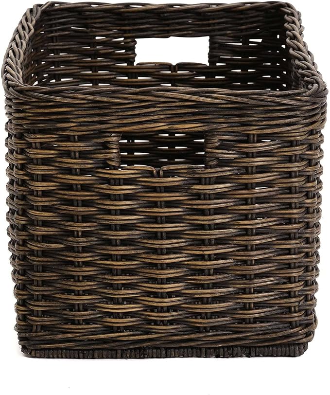 The Basket Lady Tall Rectangular Wicker Storage Basket, Large, 22.5 in L x 16 in W x 12.5 in H, Antique Walnut Brown
