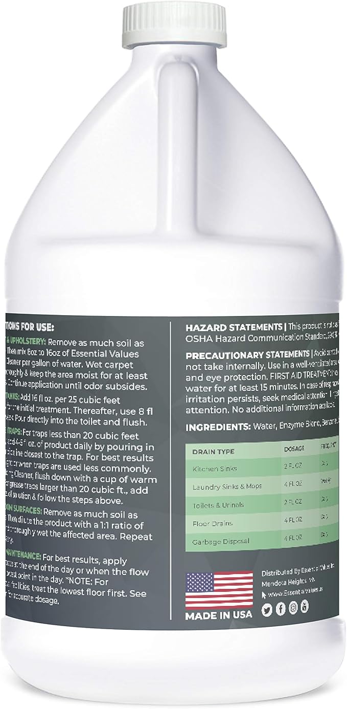 Enzyme Cleaner (1 Gallon / 128 Fl OZ), Drain Cleaner, Made in USA – Multi-Purpose Solution- Stop Odors in its Tracks | Odor Eliminator, Stain Remover, General Cleaning – for Residential & Commercial