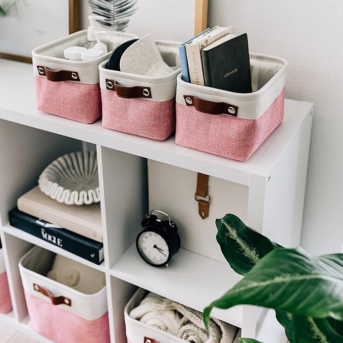 OrganiHaus Small Fabric Storage Baskets for Shelves 3 Pack, 12x8in Closet Storage Bins for Shelves, Cloth Baskets for Organizing, Linen Closet Organizers, Fabric Basket, Pink/White