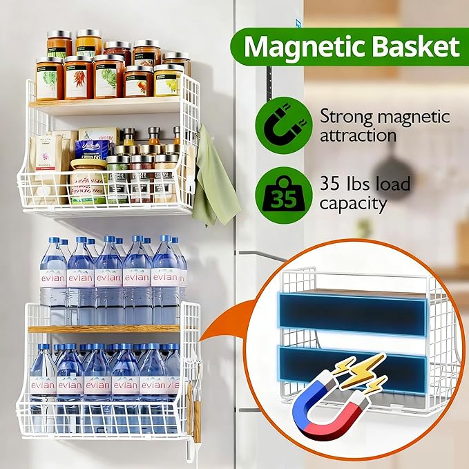 Magnetic Shelf for Fridge with Wood Lid, Fruit Potato and Onion Storage Bins, Pantry Organizers and Storage, Strong Magnetic Spice Rack for Refrigerator, Kitchen Counter and Laundry Room (Large)