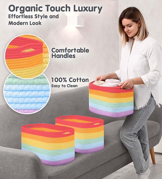 CHAT BLANC Rainbow Cotton Rope Baskets for Organizing | Storage Baskets for Shelves | Rainbow Rope Basket for Storage, Small Laundry Baskets, Woven Baskets for Storage, Dog Toy Bin, Baby Basket, 3Pack