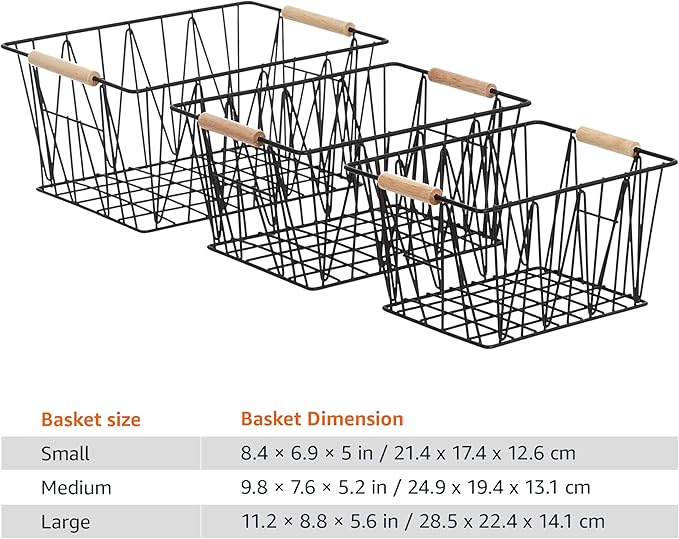 Amazon Basics Rectangular Wire Storage Baskets, Set of 3, Standard, Black