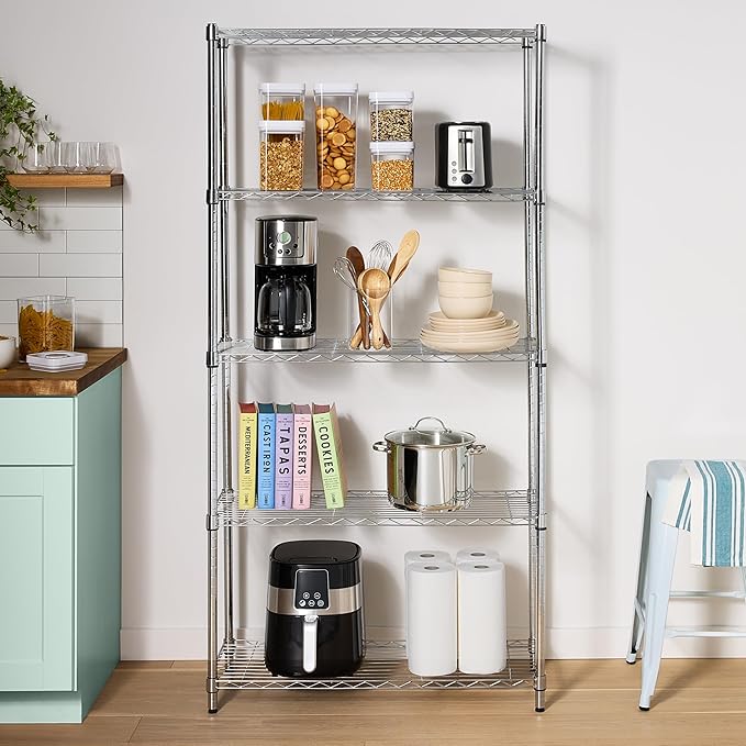 Amazon Basics 5-Shelf Adjustable Heavy Duty Steel Wire Rack Storage Shelving Organizer for Kitchen, Garage, 36" L x 14" W x 72" H, Chrome