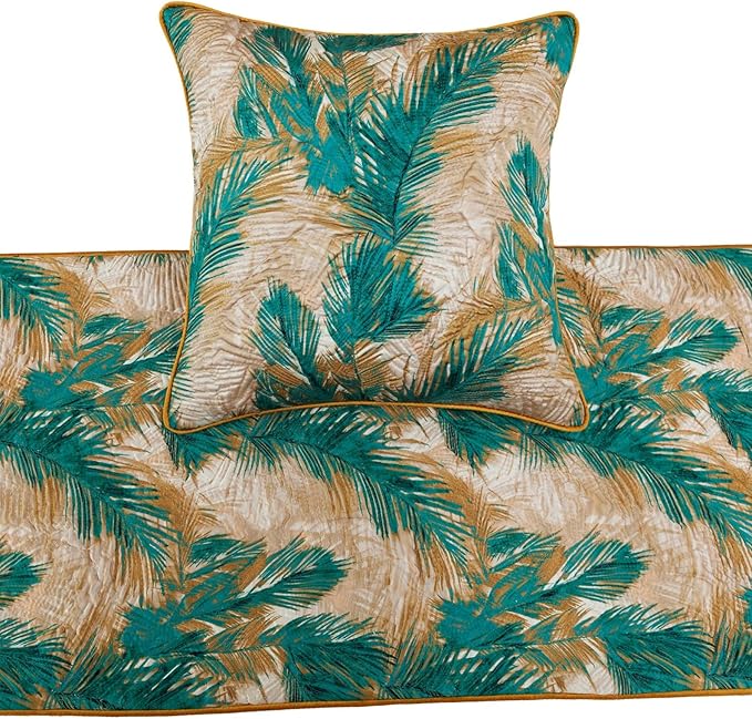 The HomeCentric King/Queen/Twin Green Decorative CA King 86"x18" Bed Runner Without Pillow Cover, Plam Leaves & Quilted Bed Scarf on Satin Fabric - Palms