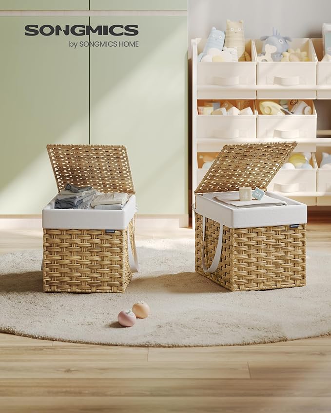 SONGMICS Laundry Hamper with Lid, 9.5 Gallon (36 L) Synthetic Rattan Clothes Laundry Basket with Lid and Handles, Foldable, Removable Liner, Goose Yellow ULCB136Y01