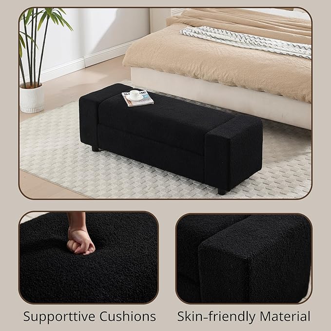 Teddy Storage Ottoman Bench,55 Inch Upholstered Boucle Comfy Sherpa End of Bed Bench with Large Storage for Bedroom/Living Room/Entryway/Closet(Black)