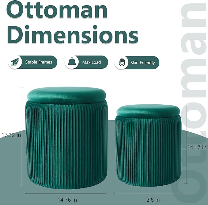 Royal Windsor Round Ottoman with Storage Set of 2,Vanity Stool with Storage for Bedroom, Ottoman Coffee Table, Small Velvet Foot Stool for Living Room, Green