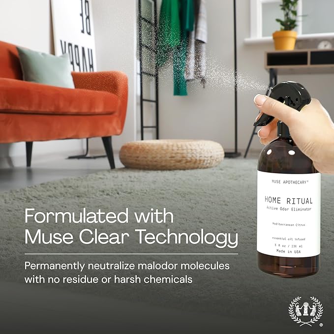 Muse Apothecary Home Ritual Active Odor Eliminator Spray - Furniture Deodorizer Spray & Bathroom Odor Eliminator for Home - Essential Oil Air Freshener - 4oz, Fresh Linen