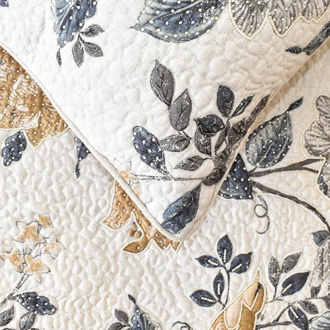 The HomeCentric King/Queen/Twin Blue & Ivory Decorative Twin 53"x18" Bed Runner Without Pillow Cover, Bird, Pearl & Quilted Bed Scarf on Linen Fabric - Vintage Birdena