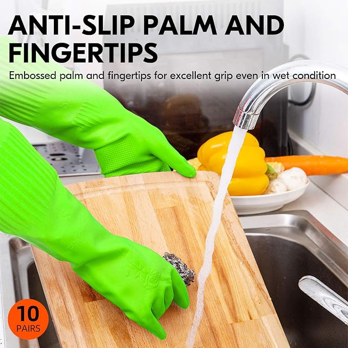 Vgo... 10-Pairs Dishwashing Gloves, Reusable Household Gloves, Long Sleeve, Thick Latex, Cleaning, Washing, Working, Painting, Gardening, Pet Care (Size L, Green, RB2143)