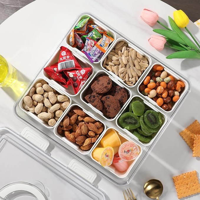 Taiuloo Divided Serving Tray with Lid & Handle, Airtight 9 Compartment Snackle Box Charcuterie Container, Fridge Organizer Bins, Food Storage Container Veggie Tray for Snack, Fruit, Candy, Nuts