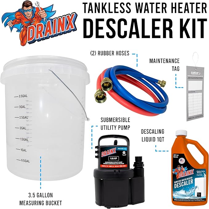 DrainX Tankless Water Heater Flushing Kit Includes Submersible Pump, Hoses, Liquid Descaler Solution, and Measuring Bucket