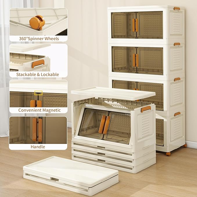 Plastic Stackable Storage Bins with Lids and Wheels, Foldable Closet Organizers and Storage Containers for Bathroom, Collapsible Clear Drawer Storage Cabinet with Doors White 11.4Gal 4Tiers