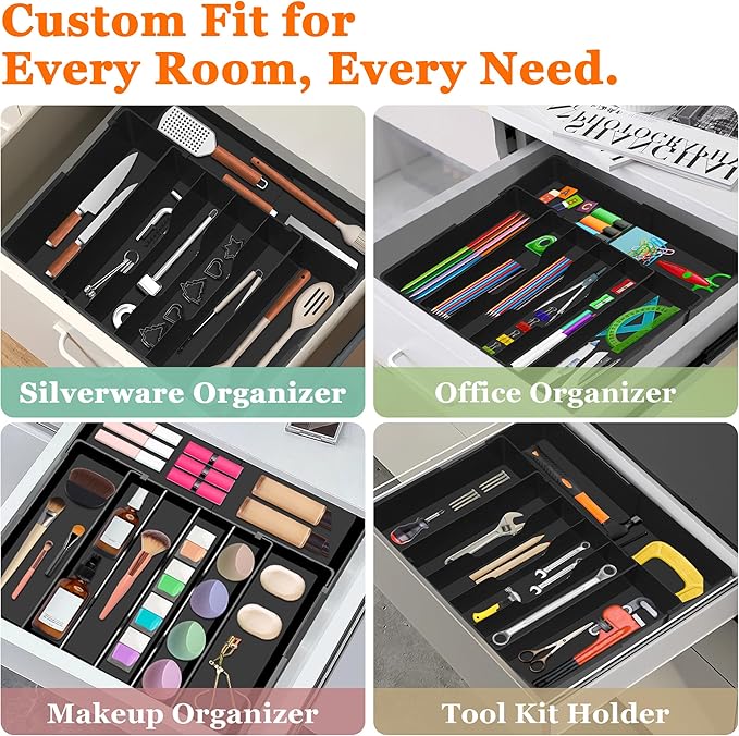 Expandable Large Silverware Organizer - BPA-Free Food-Safe Utensil Drawer Organizer Adjustable Kitchen Drawer Organizer Flatware Cutlery Tray, Classified Storage for Spoons Forks Knives