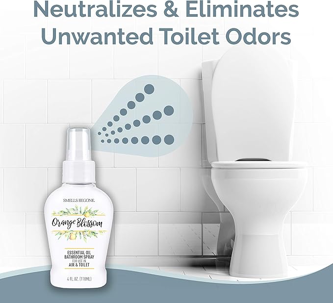 SMELLS BEGONE 4 oz Essential Oil Air Freshener Bathroom Spray - Eliminates Bathroom & Toilet Odors - Made with Essential Oils - Orange Blossom Scent