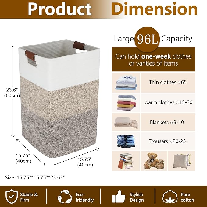 Laundry Hamper 96L Extra Large Laundry Basket, Woven Blanket Basket, Cotton Woven Storage Hamper with Handles for Living Room, Large Baskets for Pillows, Blankets, Clothes-Gradient Yellow