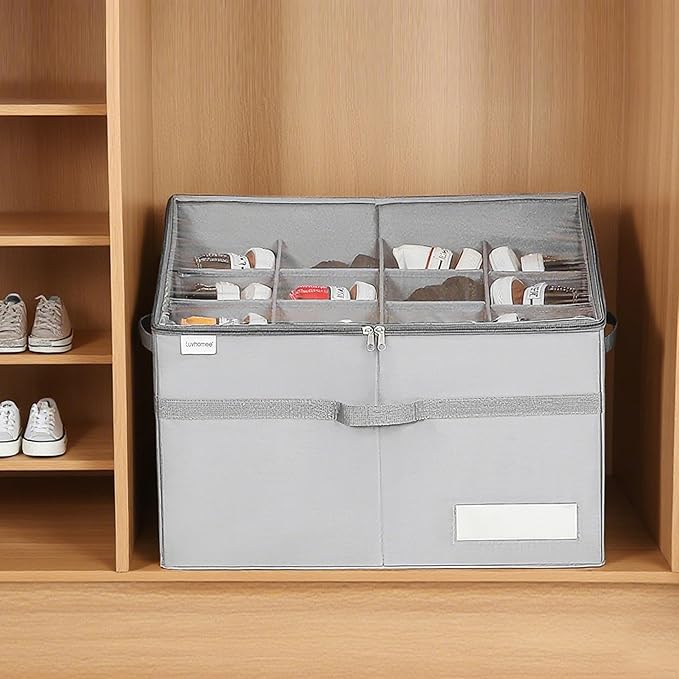 LUVHOMEE Shoe Organizer for Closet, Fits 16 Pairs, Large Shoe Box Storage Containers, Clear Foldable Shoe Storage Bins w/Bottom Support, Space Saving Shoes Holder w/Reinforced Handles, Gray