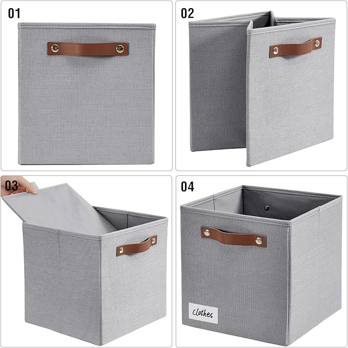 Collapsible Fabric Storage Cube Bins with 2 Reinforced PU Handles, Foldable Storage Organizer Baskets for Closet, Shelves, Living Room | 11"x11"x11", 4 Pack, Full Gray