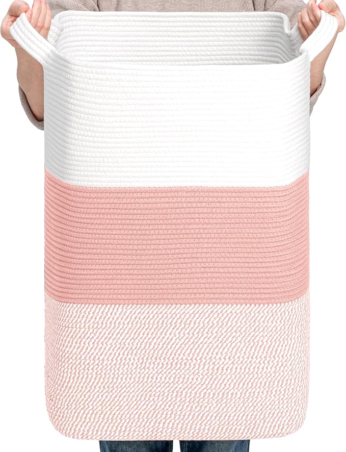 CLHMILY&Z 95L Laundry Basket Rectangular Pink Rope - 16x15x24 Inches - Dirty Clothes and Soft Storage Bin for Blankets, Toys, and Nursery Essentials