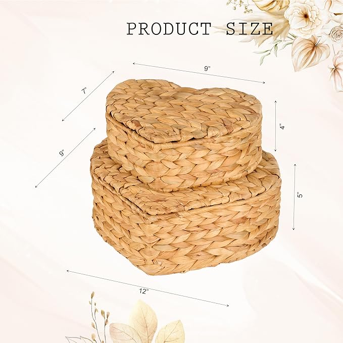 Set of 2 Heart Wicker Storage Bins with Lid, Small Rattan Basket Decorative Boxes, Multipurpose Organizer Display Boxes for Shelf Organizer, Boho Rattan Box for Home Decoration