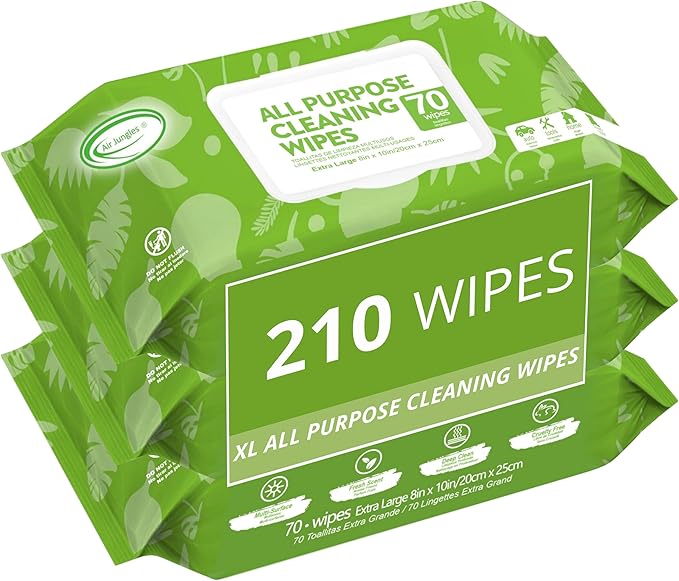Air Jungles All Purpose Car and Home Cleaning Wipes 70 Count (Pack of 3), Extra Large 8" x 10" Size Cleaner Wipes for Car Interior Household Appliance Yoga Mat Desk Gym Equipment Couch Desk & Fabric