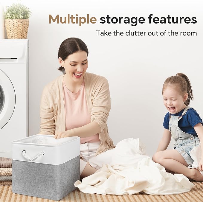 13x13 Inch Cube Storage Bins with Reinforced Bottom Cardboard, 6 Pack Large Collapsible Fabric Storage Cubes with Handles for Shelf, Closet, Toy, Laundry Organization (White&Gray)