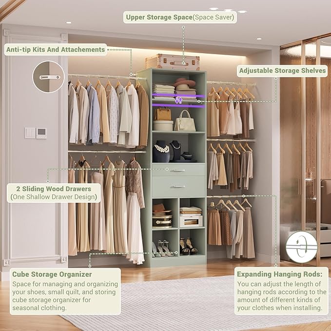 Closet System, 4-8 FT Closet Organizer Tower with 2 Wooden Drawers and Shelves, Can Fit 60 to 96 inch Walk-in Closet System with 5 Hang Rods, Built-in, Crab Green