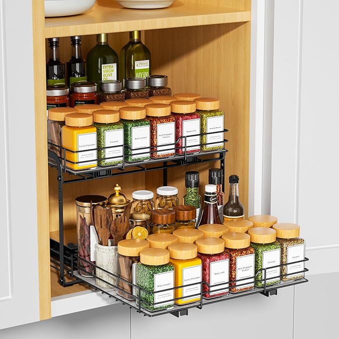 RCHYFEED Spice Rack Organizer for Cabinet, 2 Tier Slide out Spice Organization for Inside Cabinets & Pantry, Heavy Duty Adjustable Metal Spice Racks for Seasoning Organizer (13.5" Wx10.5 Dx9.5 H)
