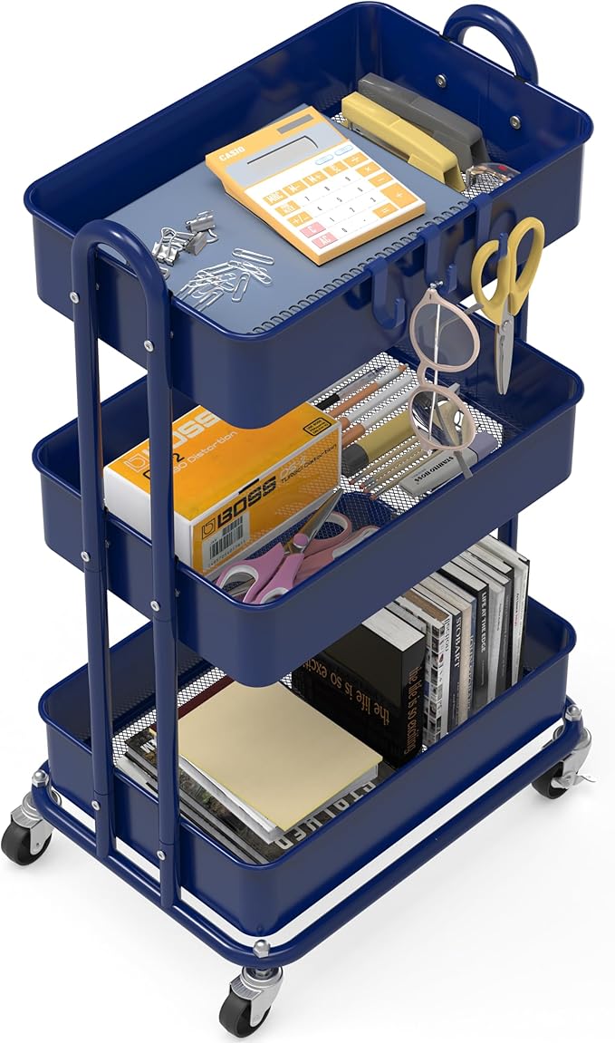 Simple Houseware 3-Tier Heavy Duty Metal Utility Rolling Cart, Navy