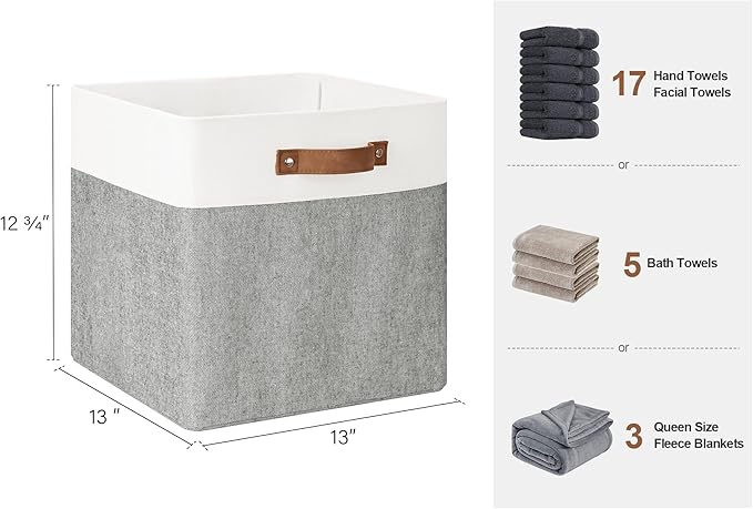 StorageWorks 13x13 Inches Storage Cube, Fabric Storage Bins with PU Handles, Collapsible Organizer Baskets for Closet, Gray and White, 4-Pack